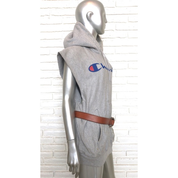 Champion Hooded Gray Sweatshirt Cut Off Sleeves L - Picture 4 of 8